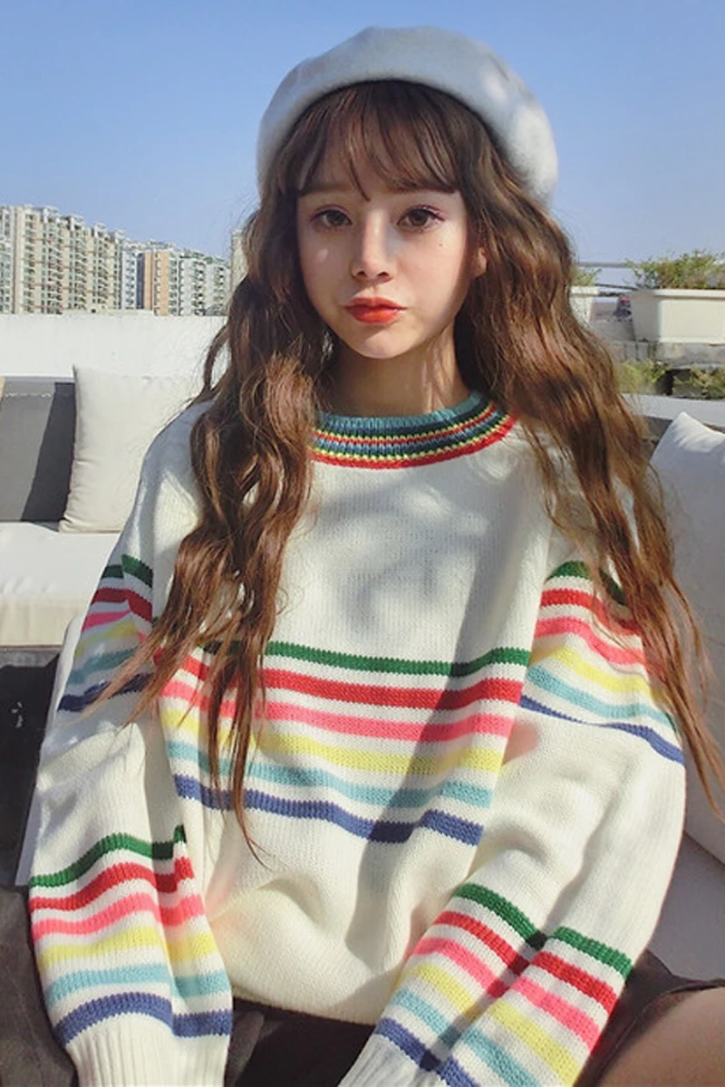 Winter Women's Clothing Lovely Sweet Rainbow Stripes Long Loose Sleeve Sweater Women Harajuku Pullovers | Женская одежда