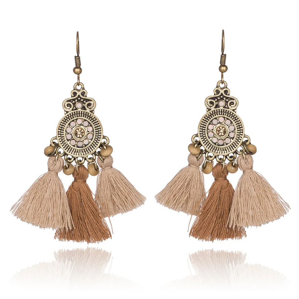 QIANKE Bohemian Big Fabric Tassel Drop Earrings for Women Boho Retro Bead Statement Dangle Earring Fashion Jewelry Wholesale | Украшения и