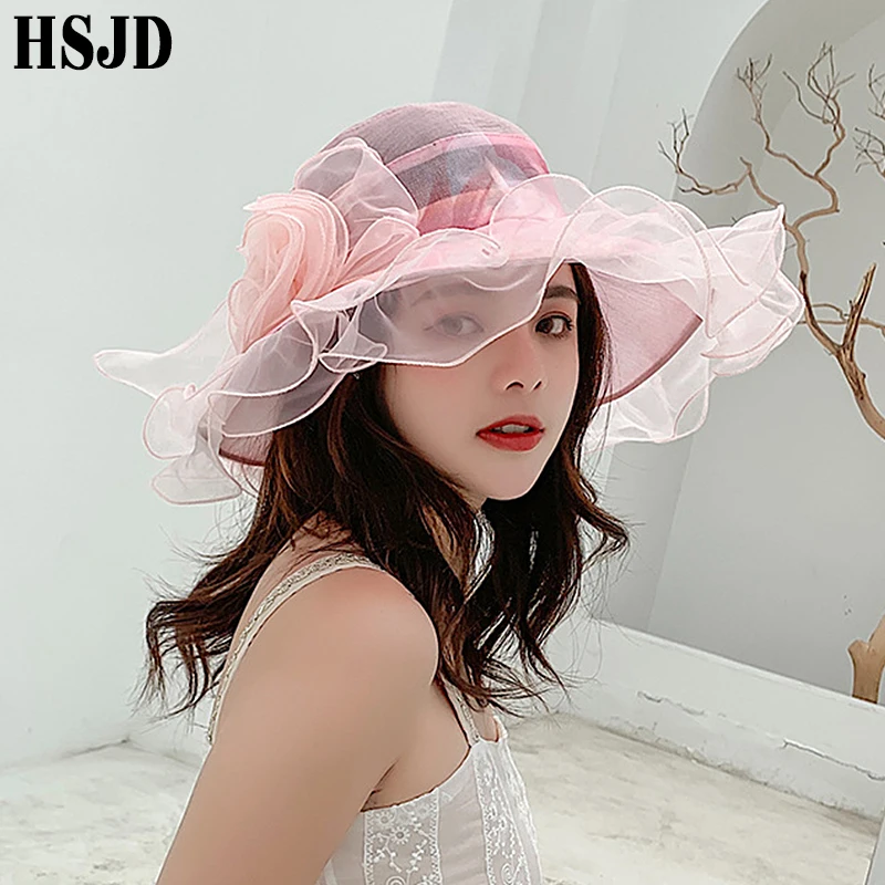 2019 Летние Элегантные женские цветочные шляпы от солнца из органзы для женщин