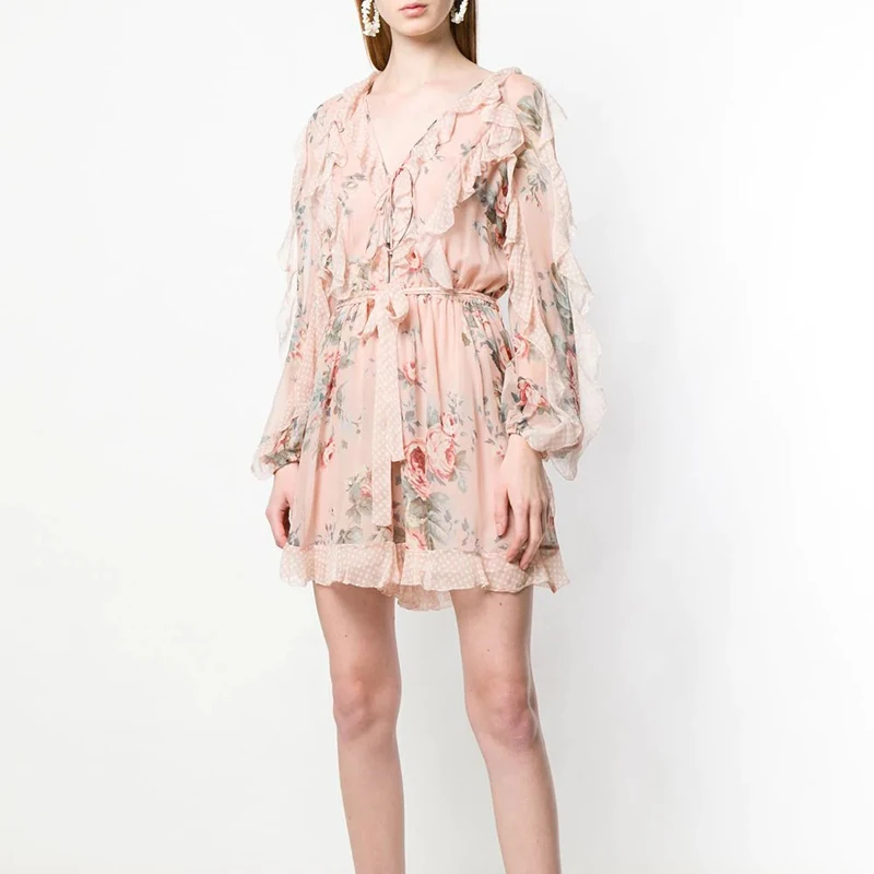Женский комбинезон с оборками и цветочным принтом элегантный глубоким v-образным
