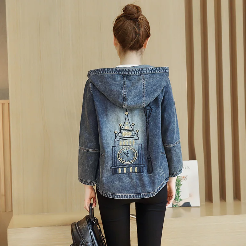 Новые печати с капюшоном джинсовая куртка пальто Демисезонный Для женщин девять