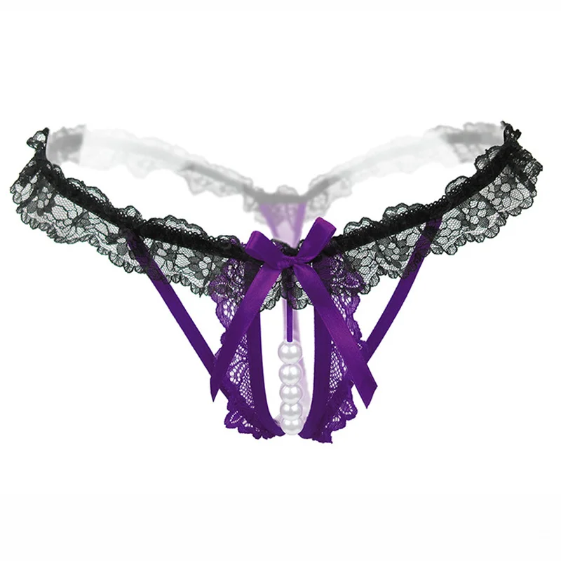 Purple VDOGRIR женское сексуальное нижнее белье Горячие Эротические трусики открытое Кружевное боди кружевное нижнее белье с вырезами трусики-Танга трусы с жемчугом Femme - Цвет: Purple