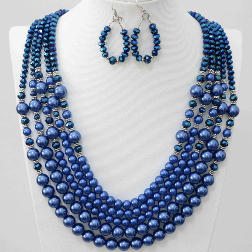 Синий стеклянный кристалл основа искусственный жемчуг Мода уникальный дизайн Юбилейная серьги 5 рядов ожерелье серьги комплект ювелирных ...