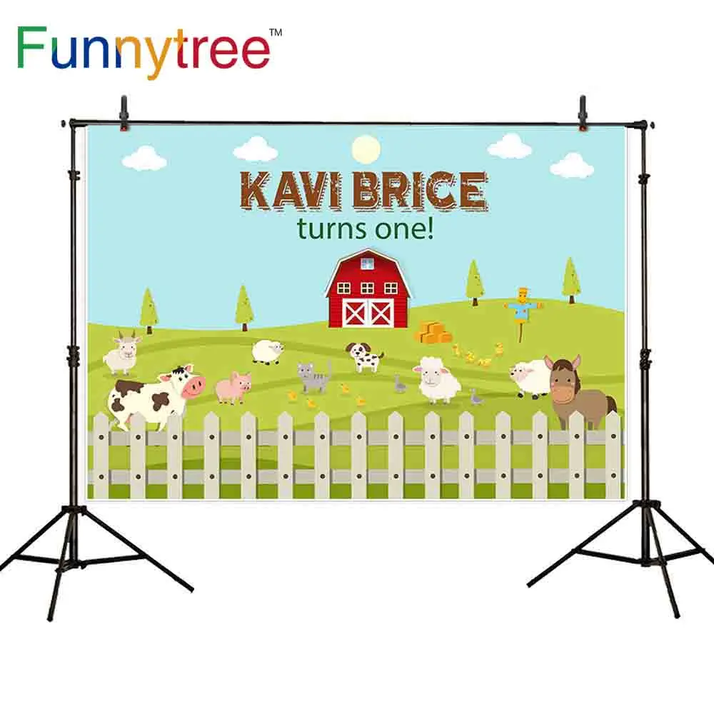 Фон Funnytree для фотостудии тема фермы мультфильм красный сарай забор животные Дети