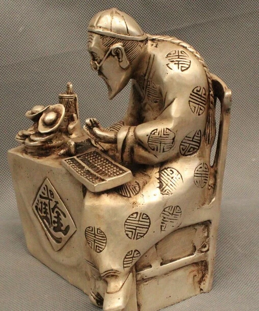 Details about 7&quotChinese Folk Fengshui Silver Lucky Money antiquity accountant Geezer Statue R0715 | Дом и сад