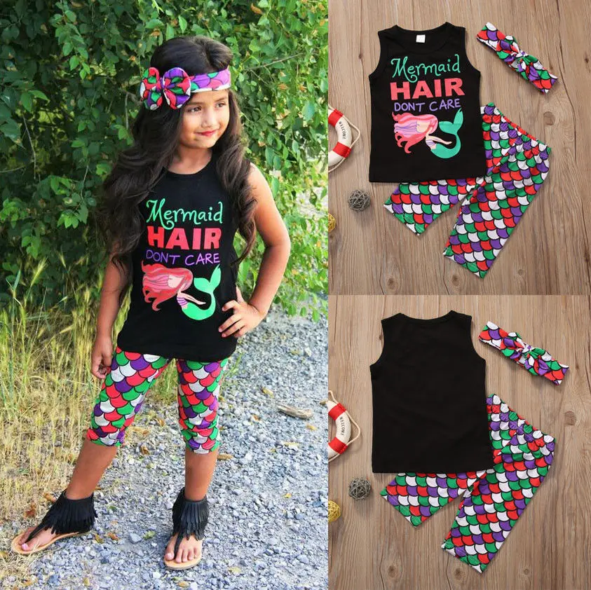 Комплект из 3 предметов Детская футболка без рукавов с русалочкой для маленьких