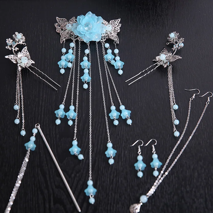 7 set (ear hook) Винтажный головной убор Hanfu, Классическая кисточка, заколки для волос, китайский стиль, Скорпион, древние аксессуары для волос, набор с серьгами - Цвет: 7 set (ear hook)