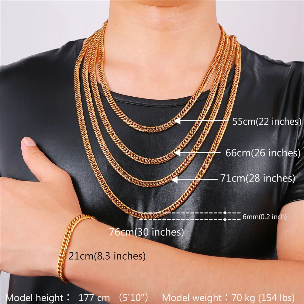 U7 Позолоченный Панцирь Цепь Ожерелье и Браслет Ювелирные Наборы Щирина 6mm Хип Хоп