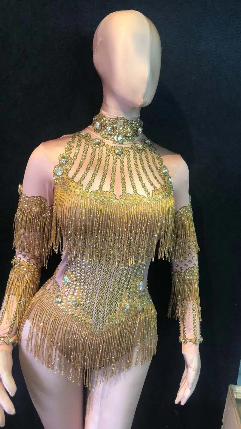 2018 Sparkly Crystals Stretch Fringes Bodysuit Women's Party Evening Celebrate Tassel Costume Outfit Singer Dance Stage Show Wea