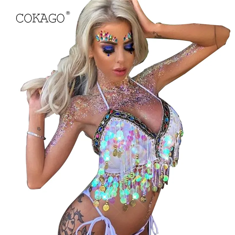 COKAGO Sequin бикини с кисточками Топ женский купальник пуш ап 2019 бюстгальтер