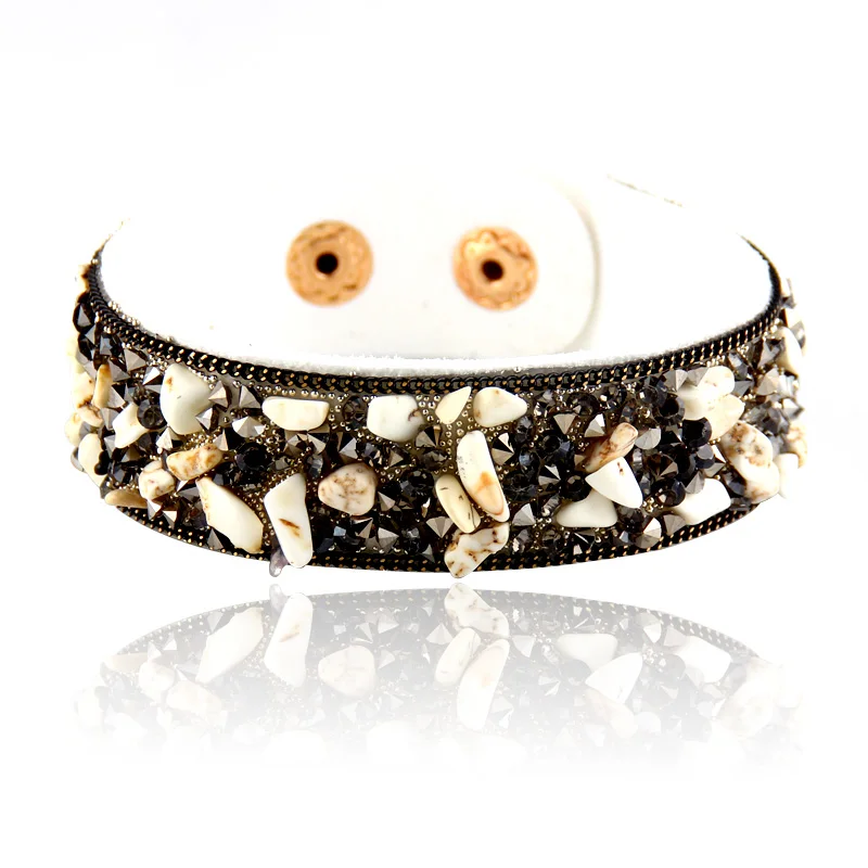 white Newest Fashion women jewelry rhinestone Leather Charm Bracelet Bangles with Buttons Adjust Size - Окраска металла: white
