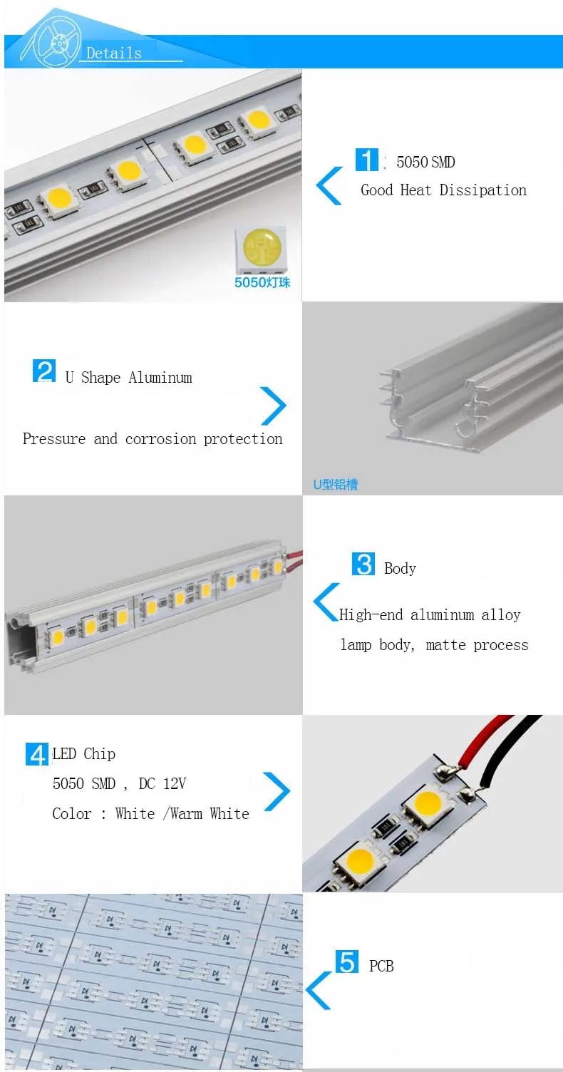 Жесткий светодиодный стержень 5050 SMD белый/теплый белый с U база 36 светодиодный s Жесткий светодиодный полосы