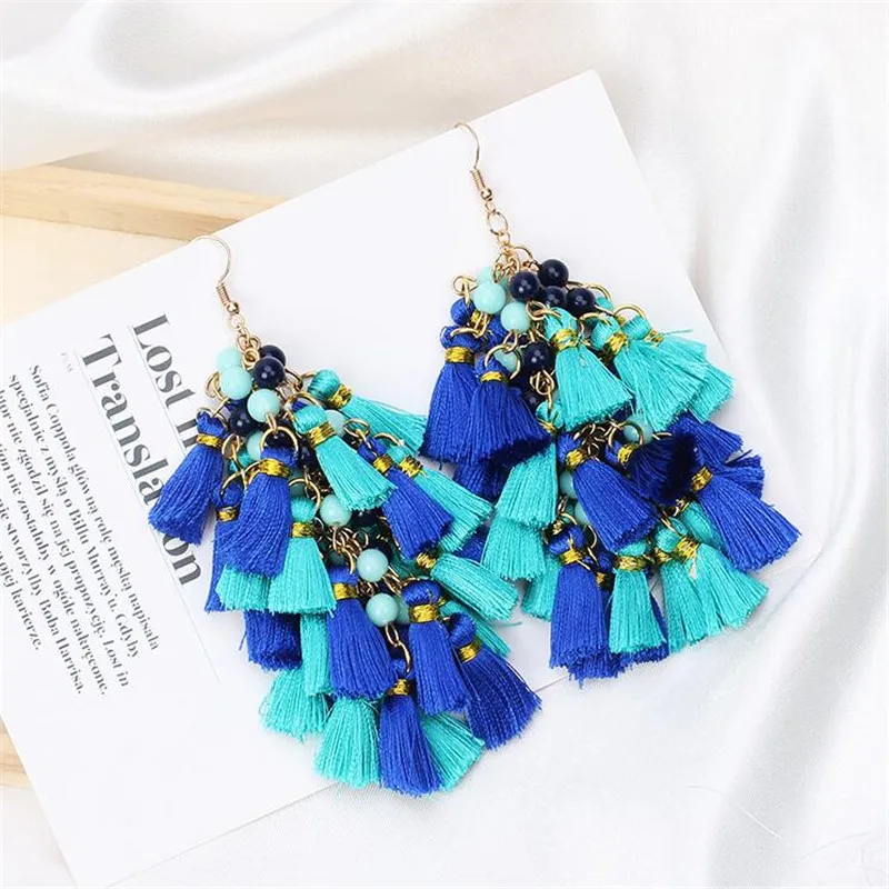 В богемном стиле синий кисточкой Длинные Висячие серьги для Для женщин Модные