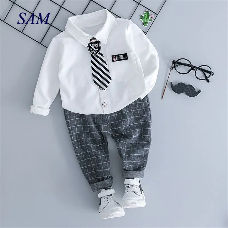 

Boys clothing set 2019 spring formal gentleman 2pcs suit for kids clothess bebe cotton set children plaid tracksuit set
