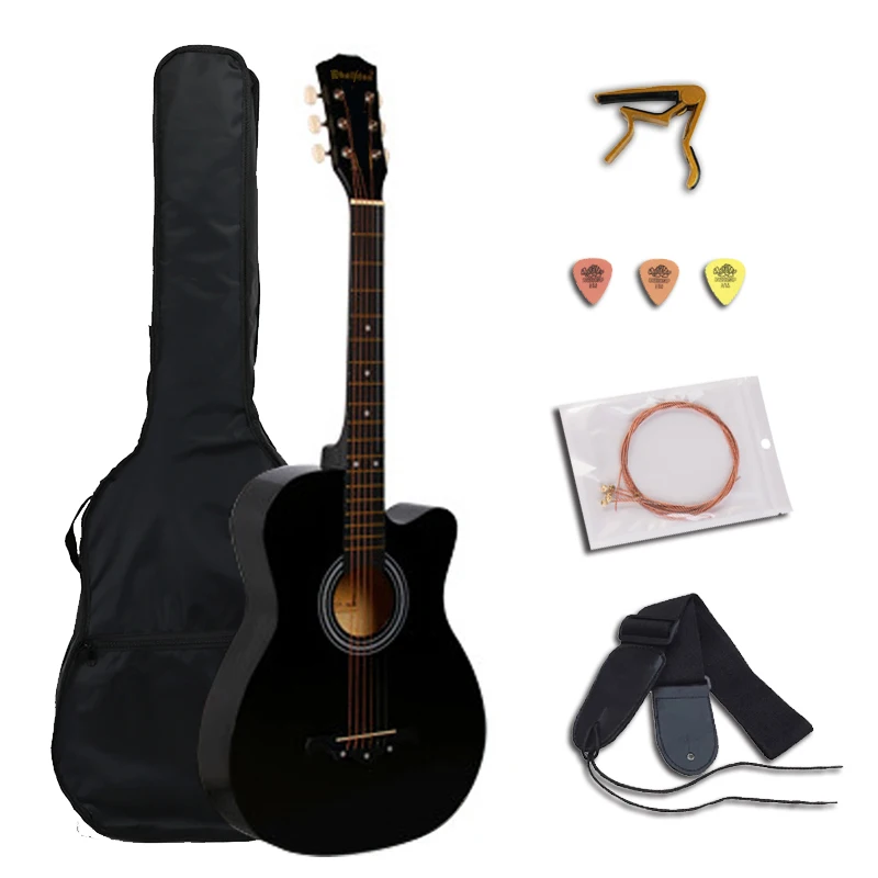 38 inch Acoustic Guitar for Beginners Guitar Sets with Capo Picks 6 Strings Guitar Basswood 13 Colors Musical Instruments AGT166 - Color: 38 inch black sets