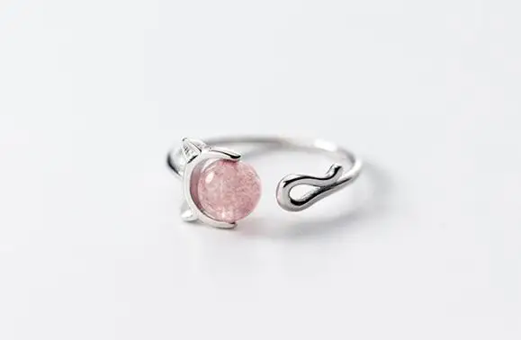 SIZE4.5-SIZE6 Аутентичные REAL.925 стерлингового серебра Fine Jewelry Роза клубника Кварцевый камень котенок кошка кольцо GTLJ1428