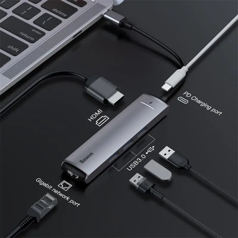 Baseus 6в1 концентратор адаптер для MacBook Pro концентратор usb type C к USB 3,0 HDMI RJ45 USB разветвитель для huawei Matebook аксессуары для компьютера