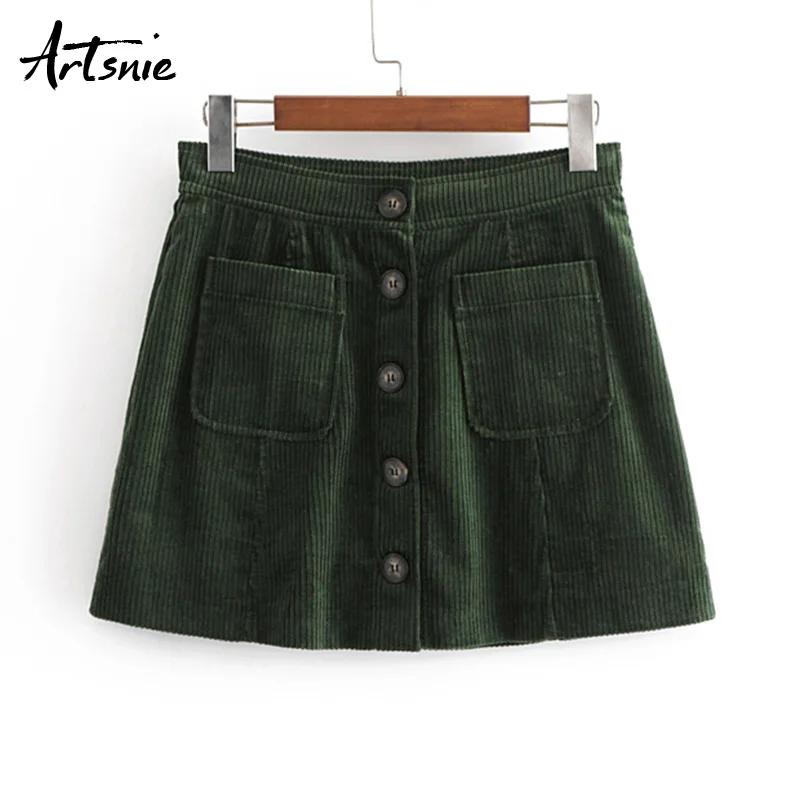 Artsnie Army Green Winter Corduroy High Waist Mini Skirt Women Button Double Pockets Casual Autumn Short A Line Skirt Femme
