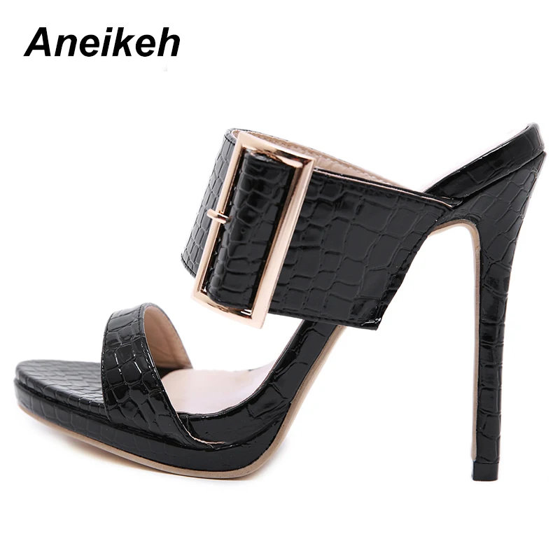 Aneikeh 2023 Classic PU Summer Slippers Women Slip-on Thin High Heel Round Toe Buckle Strap Shallow Party Black Solid Size 35-40