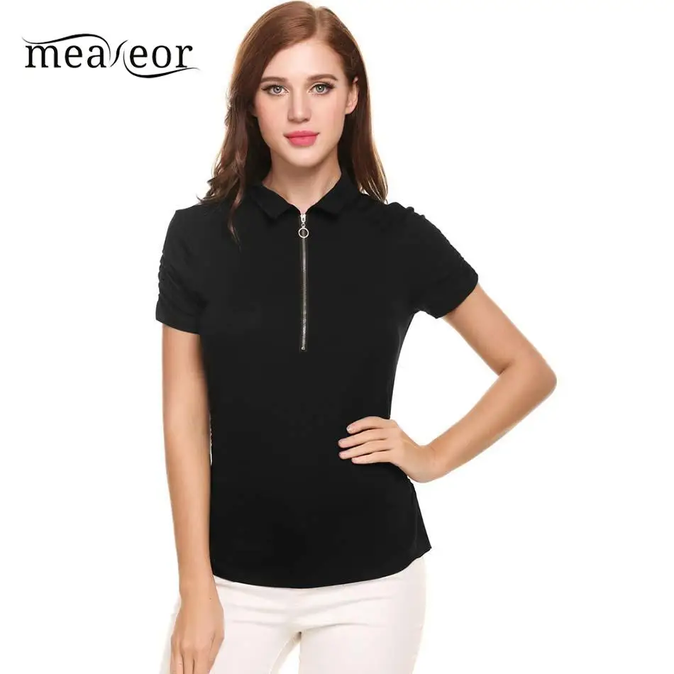 None Casual Women Short Sleeve Zipper Collar Side Pleated Solid Slim Pullover T-Shirt | Женская одежда