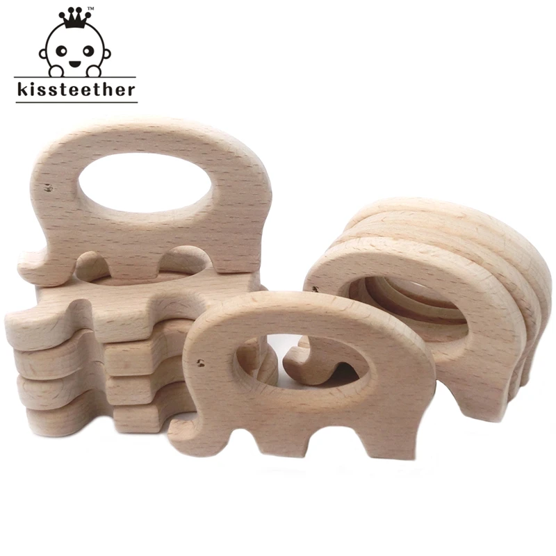 Mordedor de madera Natural hecho a mano, elefante de haya, colgante personalizado de madera, respetuoso con el medio ambiente, mordedor seguro para beb&eacute;-0