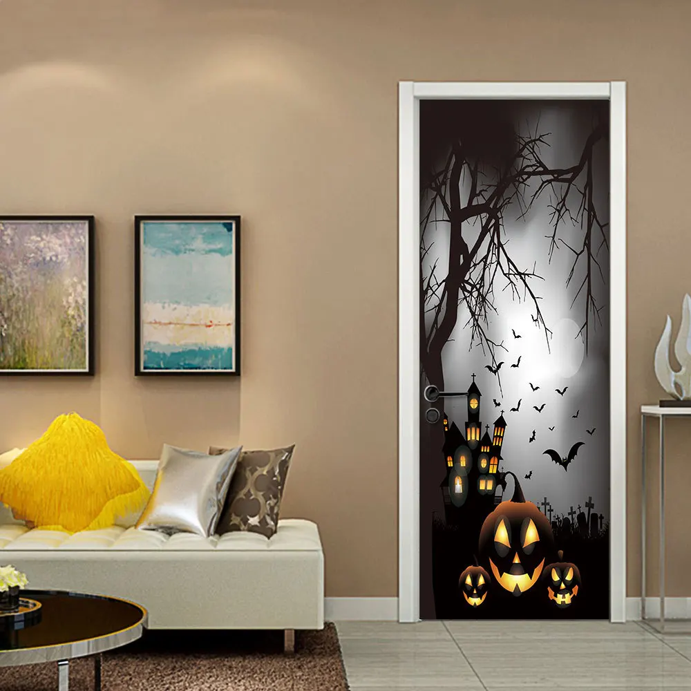 Fog Moon Night Pumpkin Bat Sticker Halloween Decoration Door Party Decal | Дом и сад