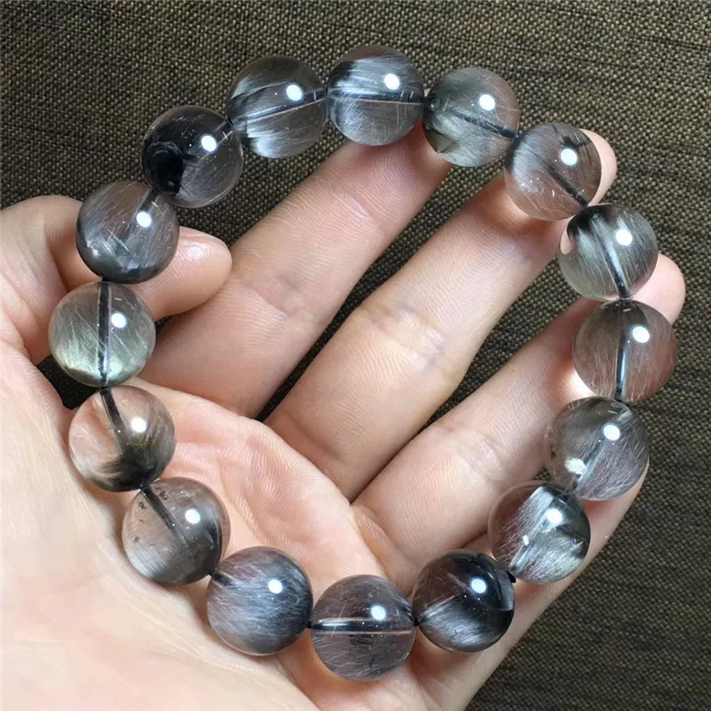 13mm Natural Brookite Platinum Silver Rutilated Quartz Crystal Bracelet Clear Round Beads Woman Man Lucky Gift Gemstone AAAAAA | Украшения