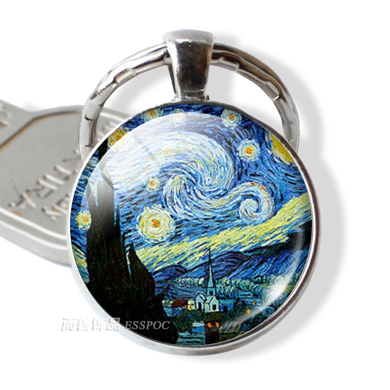 

Handmade Glass Cabochon Dome Van Gogh Starry Night Pendant Keychain Art Picture Key Rings Chains Jewelry Birthday Christmas Gift
