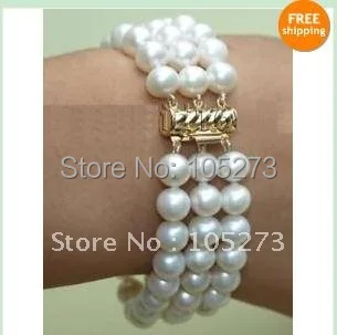

Graceful! 3Rows AA 7-8MM White color freshwater pearl bracelet 7.5''inchs fashion woman's jewelry Free shipping NF51