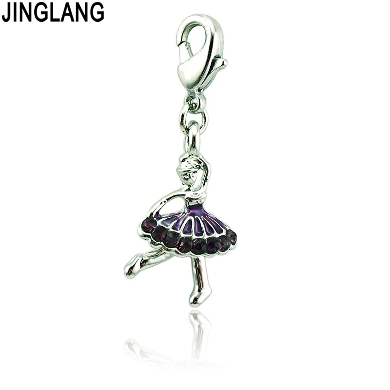 

JINGLANG Fashion Silver Plated Lobster Clasp Dangle Purple Rhinestone Dancing Girl Charms DIY Pendants Jewelry Accessories