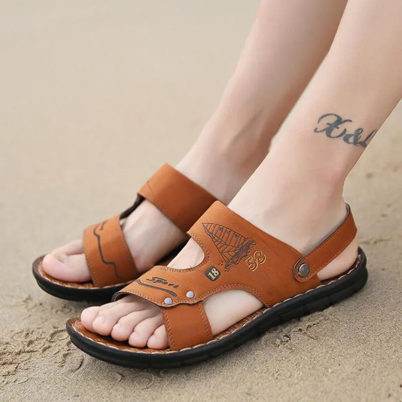 2019 New Men's Beach Waterproof Breathable Non-slip Leather Solid Color Sandals Summer Hasp Shoes Large size Sneakers | Обувь