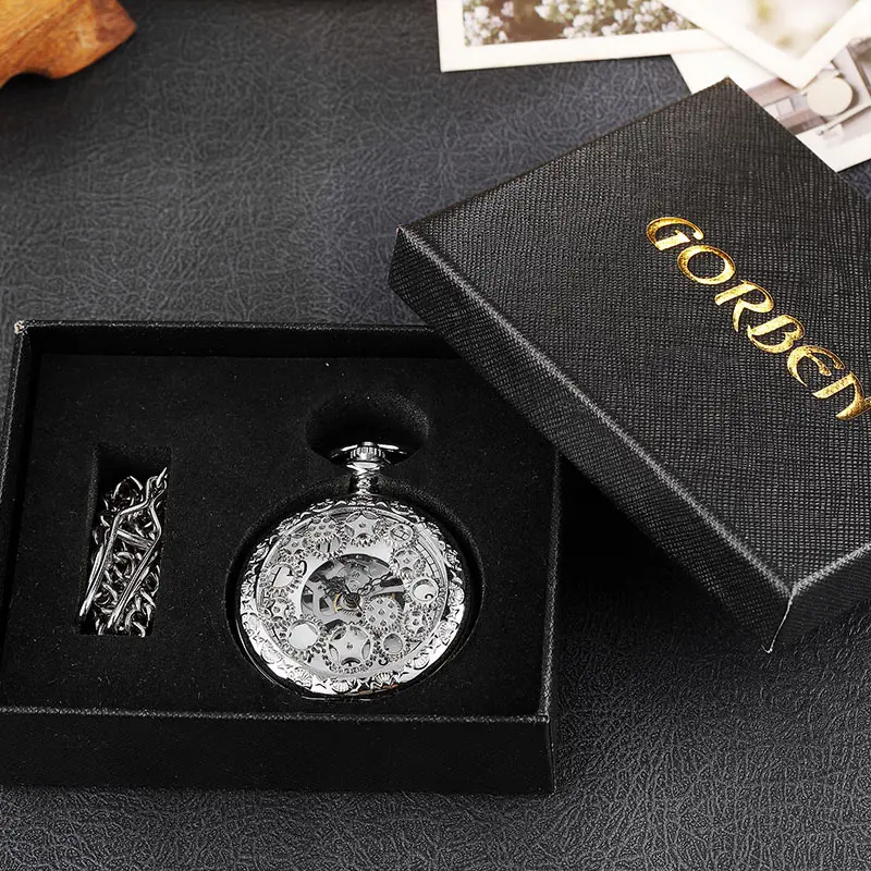 silver with box Винтажные серебряные ручные механические карманные часы для мужчин, полый механизм, двухсторонний стимпанк Скелет, брелок, часы, ожерелье с цепочкой - Цвет: silver with box