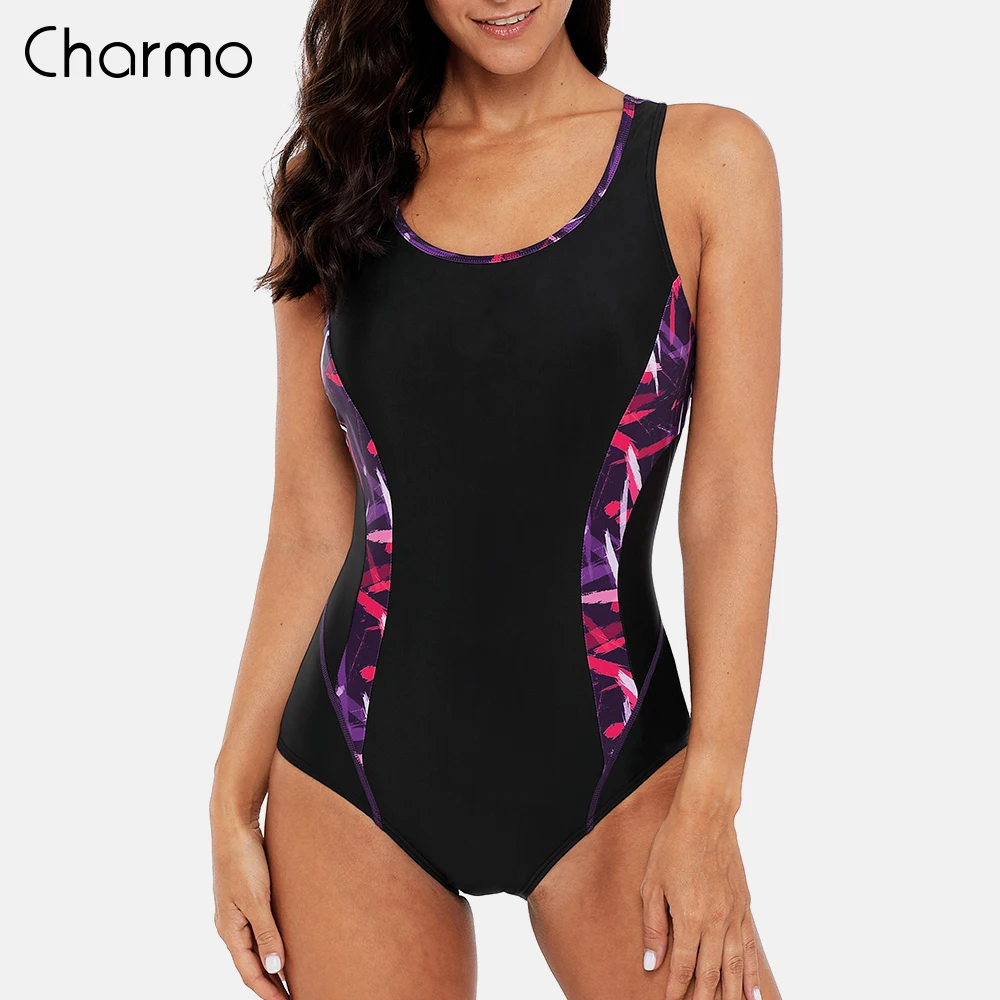 

Charmo One Piece Women Sports Swimsuit Sports Swimwear Color Block Print Monokini Beach Bathing Suit Bikini Fitness Body Suit