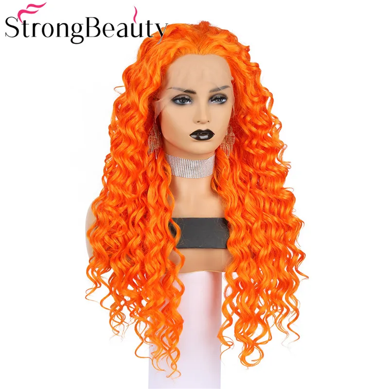 StrongBeauty длинные вьющиеся парики спереди Синий Зеленый Оранжевый синтетические