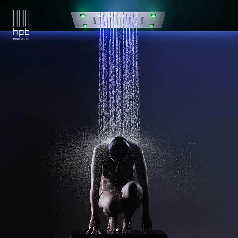 

HPB LED 50x36cm Square Ceiling Mounted 3 Sprayer Settings Shower Heads for Bathroom Luxury Powerful Rain Shower HP5036