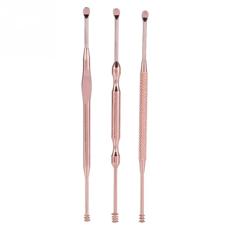 Rose Gold 3 шт./компл., ушным пинцетом, уход за ушами Нержавеющая сталь спирали для чистки ушей копать ложка с двойным концом воск для удаления кюретка для очистки ушной совок - Цвет: Rose Gold