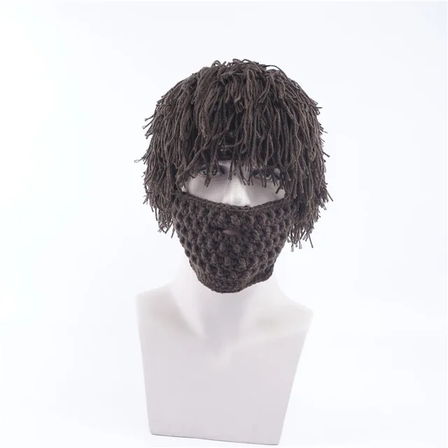 Вязаная мужская вязаная шапка вязаная шляпа с усами ручной работы Beanies Face Tassel Skullies Beanies маска Лыжная шапочка смешные шляпы - Цвет: adult brown