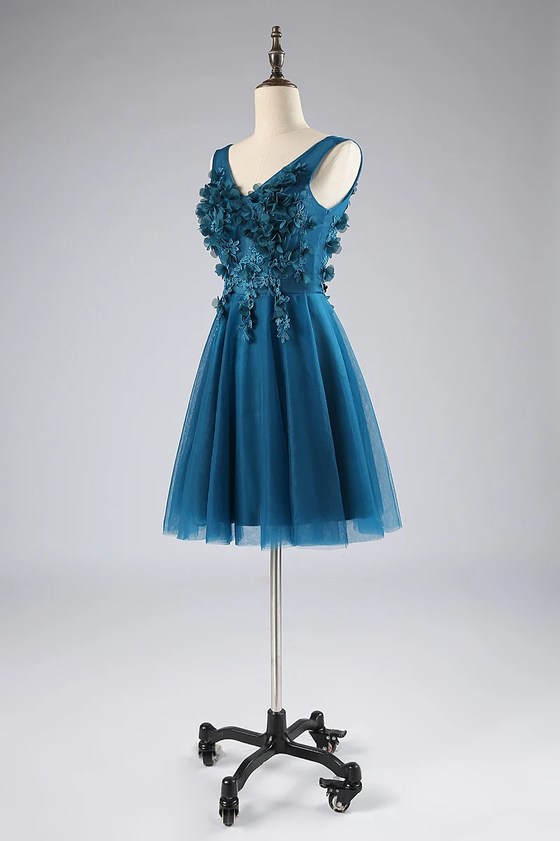 Fotos reais folais florais azul pavao vestido de formatura curto с цветами и листьями Павлин синие Бальные платья Короткие