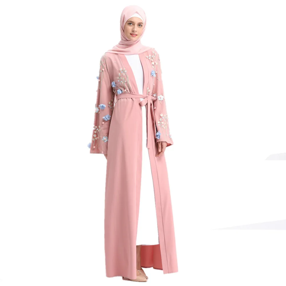 Женское длинное кимоно Abayas платье с цветочной вышивкой в мусульманском стиле