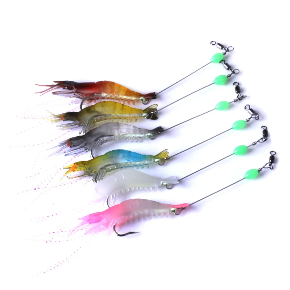 6Pcs/lot Soft Shrimp Fishing Lures With Glow Hook Luminous Bait 8cm 5.3g Fly Lead Carp Pesca Tackle | Спорт и развлечения