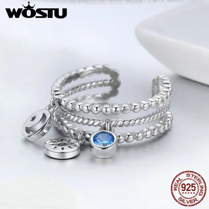 WOSTU, Настоящее серебро 925 пробы, двойной слой, Луна и звезда, CZ, регулируемые Открытые Кольца для женщин, вечерние 925, ювелирное изделие, подарок CQR350