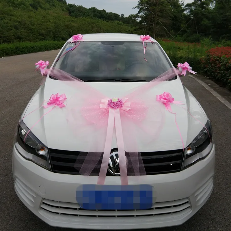 Wedding Decoration Car Flowers Artificial Organza Bow Rose Foam Flower Ribbon Wedding Decorative Garlands Set Wreath Table