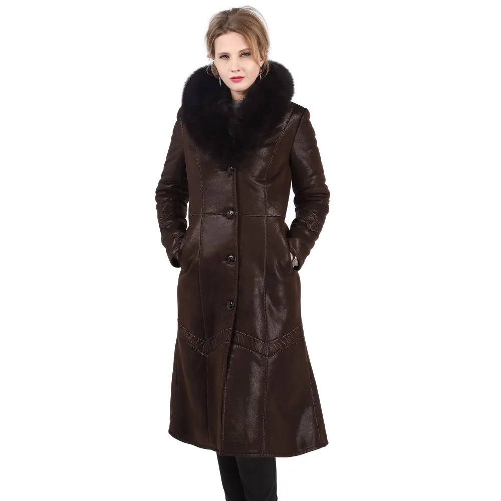 

Теплое Элегантное зимнее пальто из искусственного меха с воротником из натурального Лисьего меха, женское облегающее длинное меховое паль...