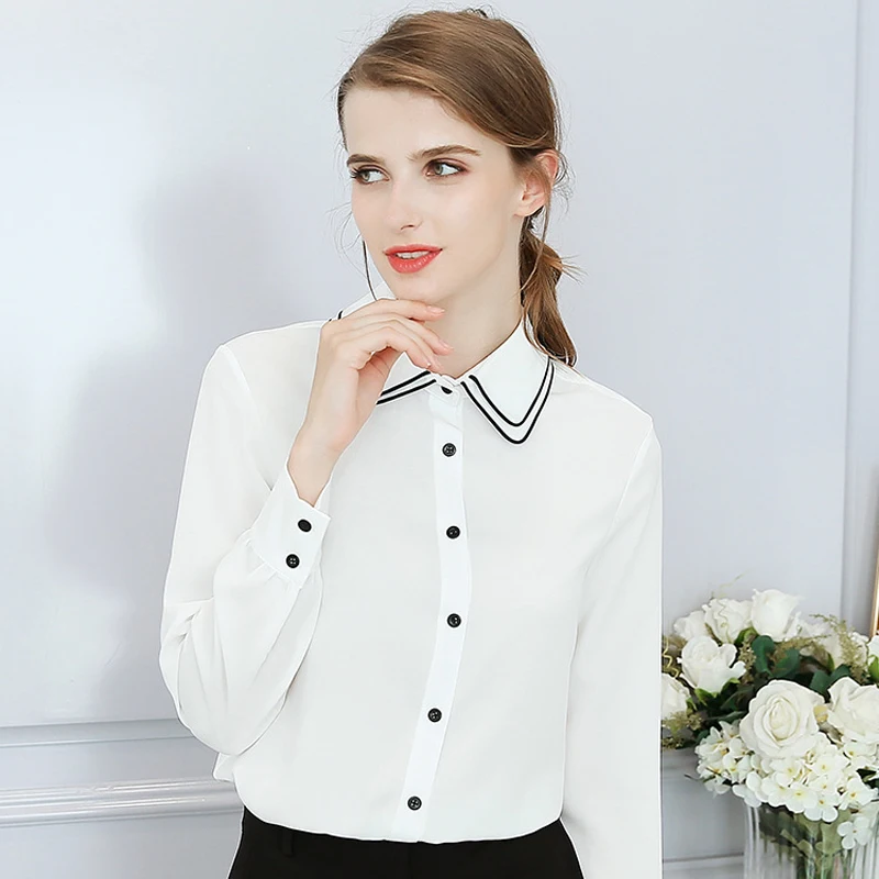 TANGNEST Women Peter Pan Collar OL Shirts 2018 Spring Summer Chiffon Casual Button Long Sleeve Tops |