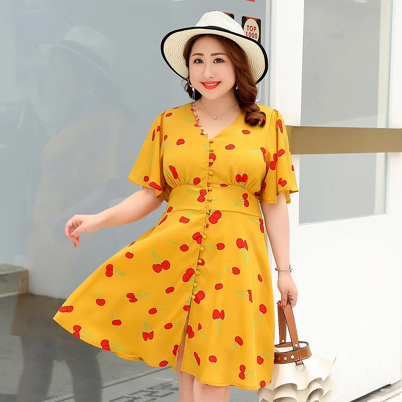 Женское винтажное платье вишни летнее шифоновое с v-образным вырезом и принтом