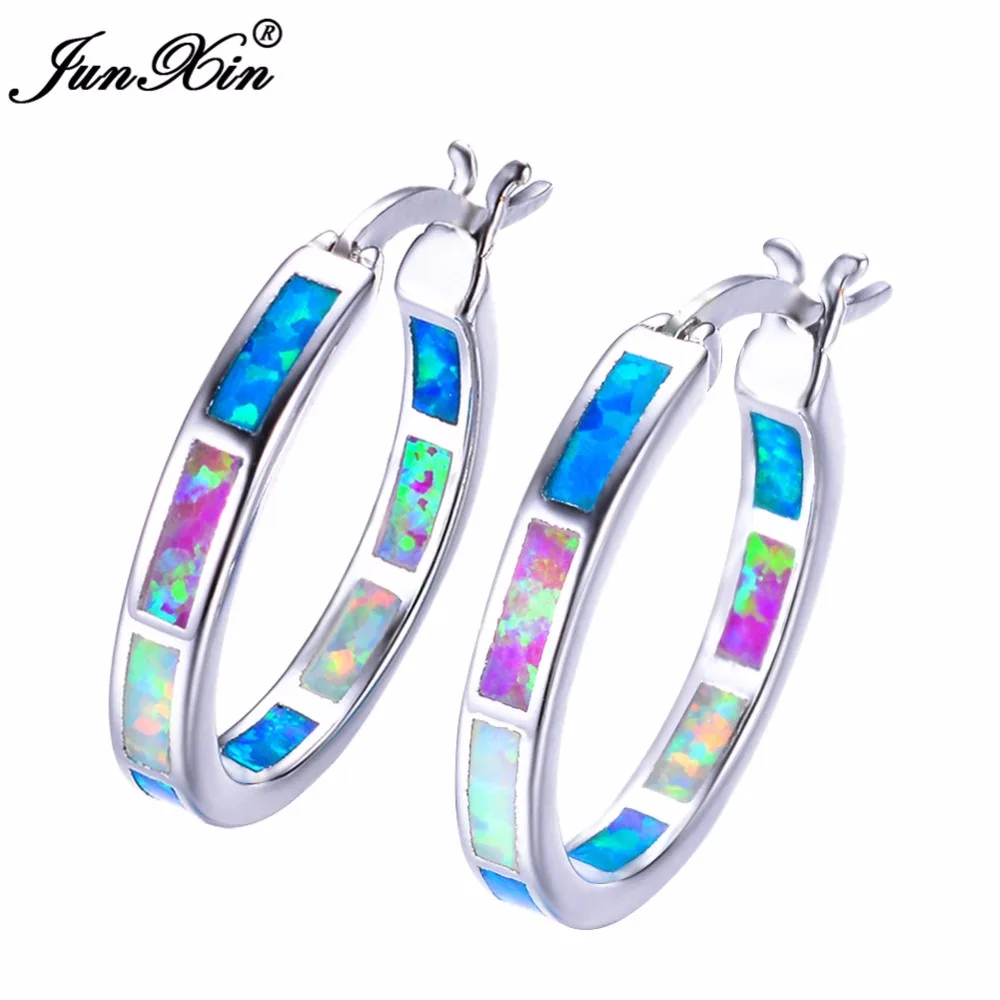 JUNXIN Boho, женские круглые серьги с огненным опалом, 925 пробы, серебряные серьги-кольца для женщин, модные ювелирные изделия, Двойные серьги