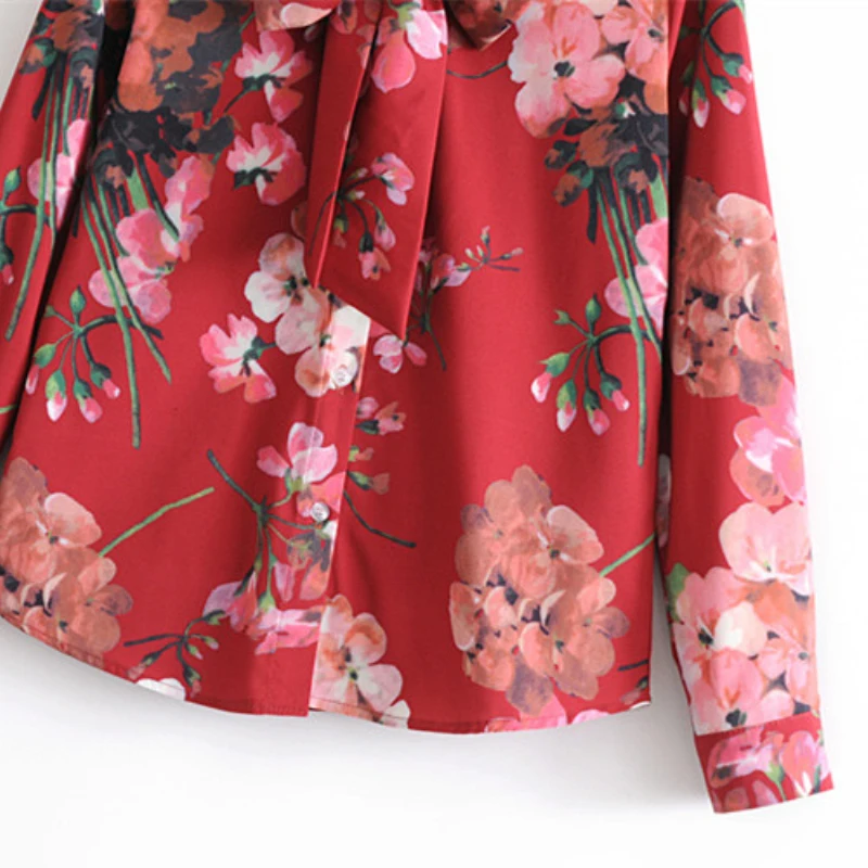 Повседневная Блузка Цветочный принт Бабочка LED Дизайн теплый красный с лацканами