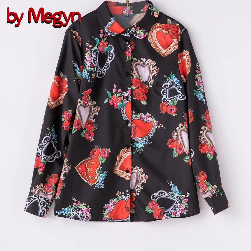 Женские блузки с длинным рукавом от Megyn элегантные черные принтом сердца и розы