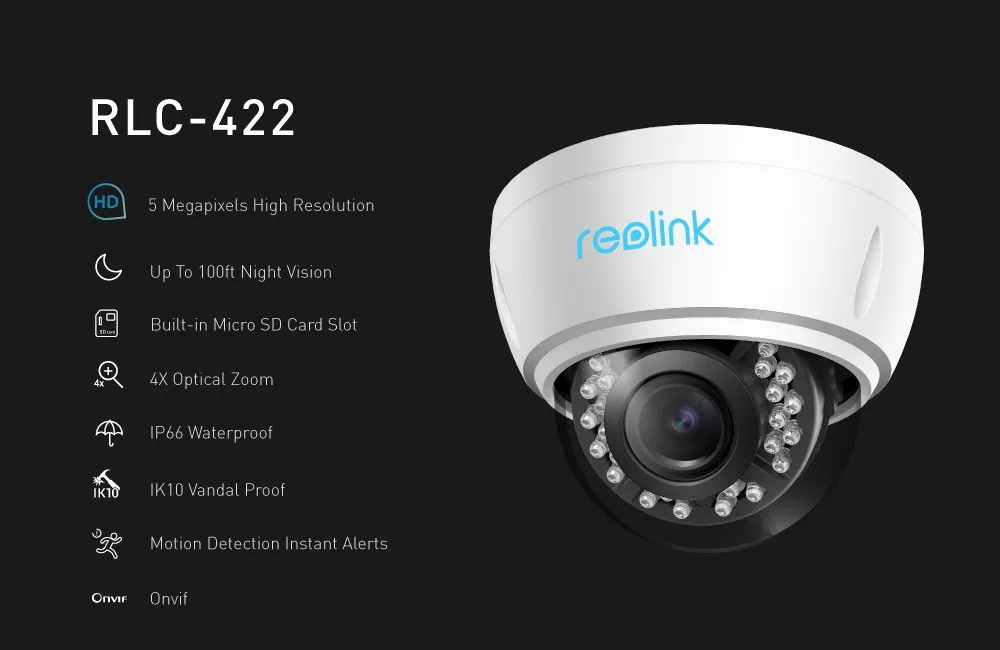 Reolink POE IP Камера HD 5MP Автофокус Зум Уличное Купольное Внутреннее Водонепроницаемое Видеонаблюдение ONVIF Безопасности Кам RLC-422-5MP