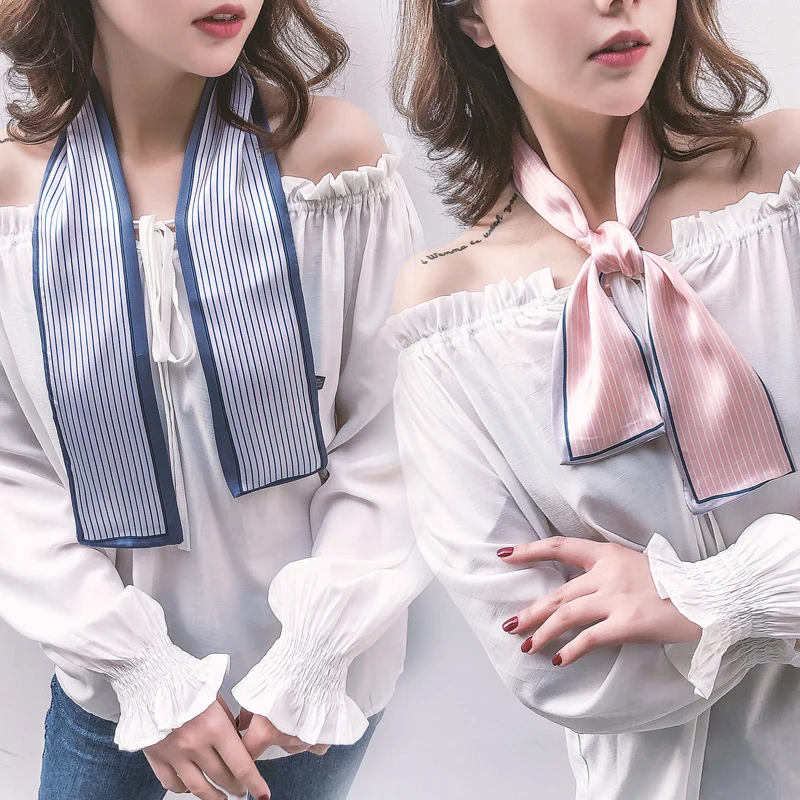 

Brand Design Skinny Scarfs Print Women Silk Small Scarves Handle Bag Ribbons Lady Head Scarf Retro Hair Tie For Party & Business
